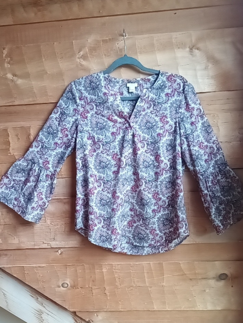 J Crew Pink Green Paisley Blouse with Pink, Green and Navy Accents